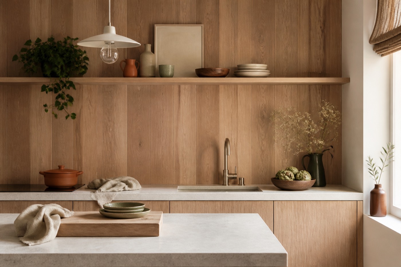Een houten achterwand in de keuken