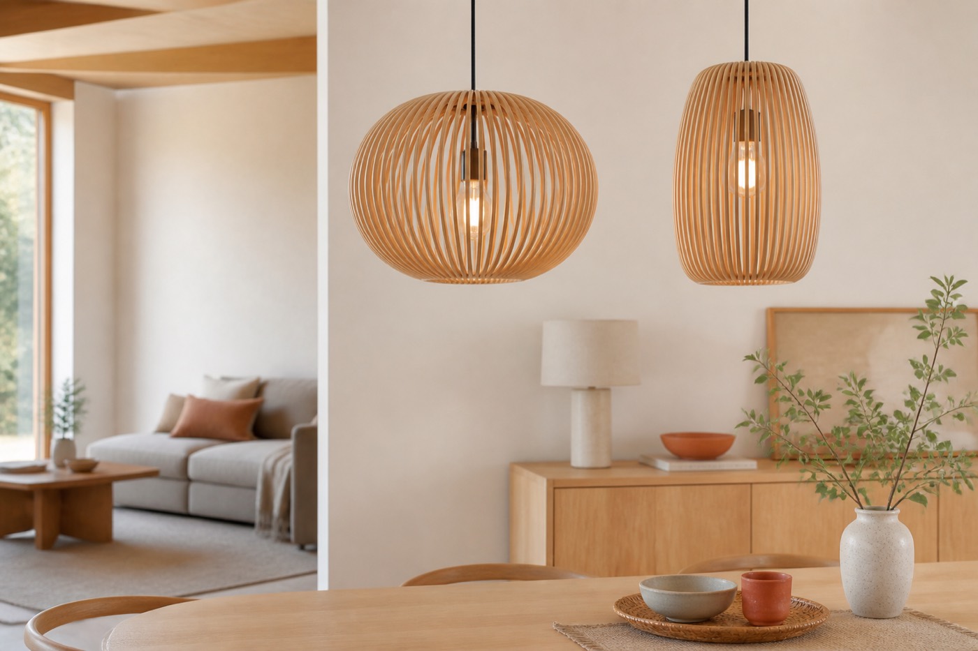 Houten hanglampen met een warme look