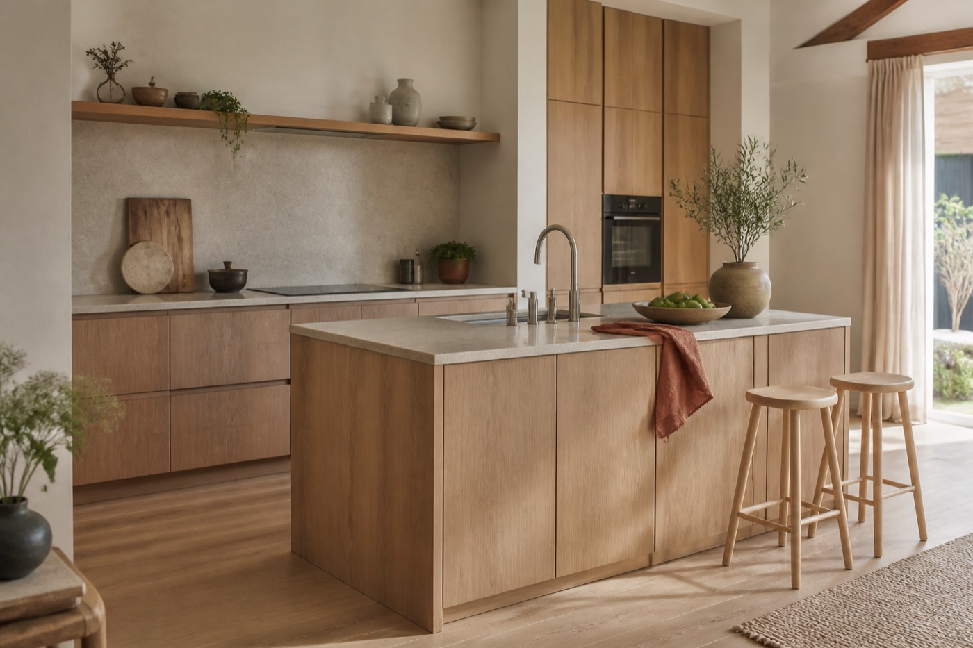 Houten keuken op een houten vloer combineren