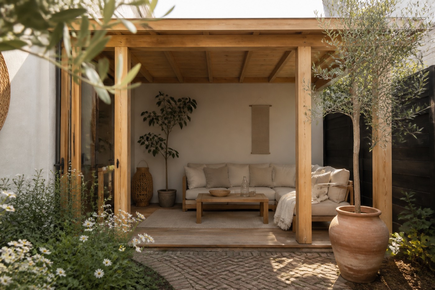Een overkapping in een kleine tuin