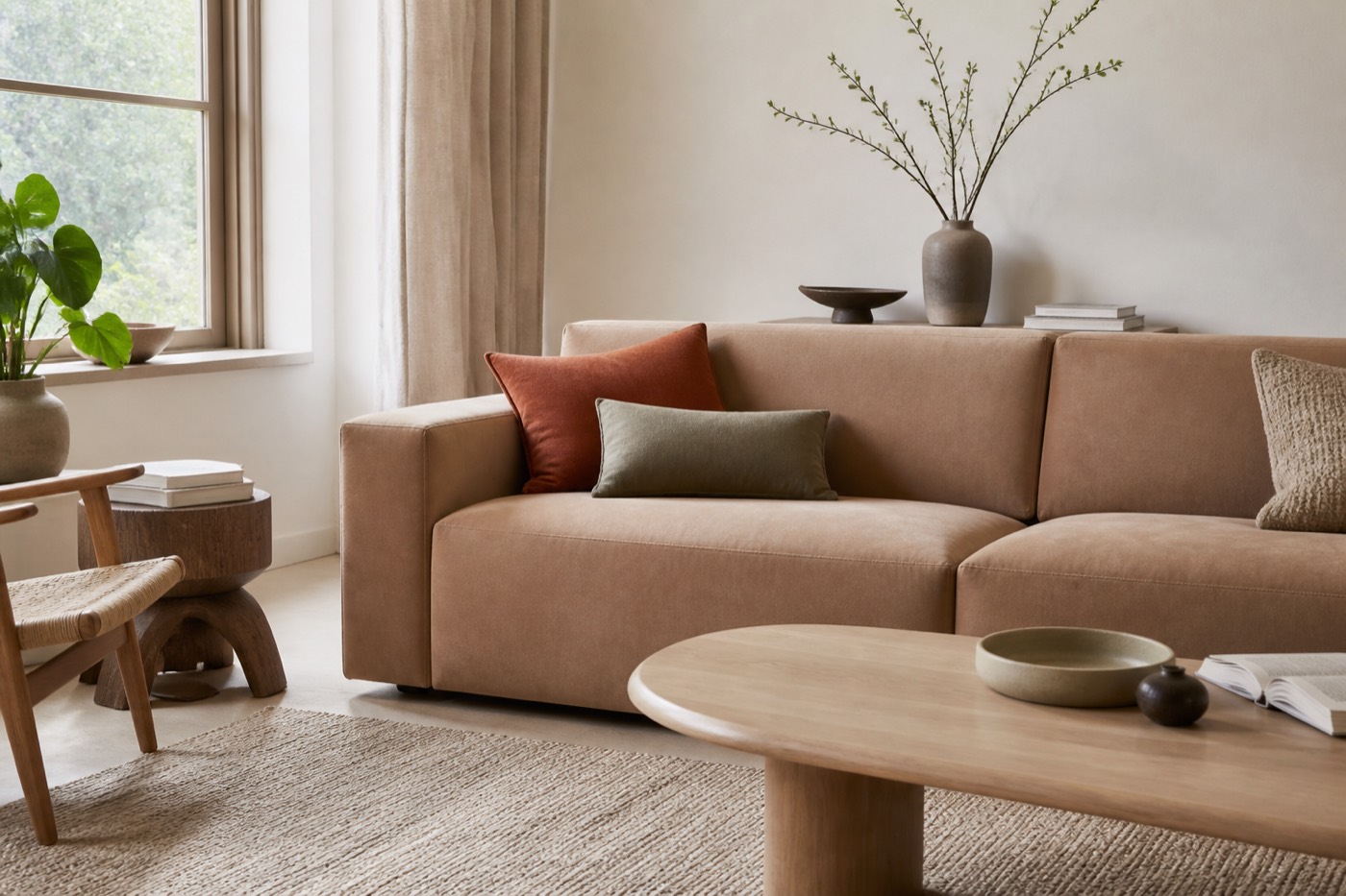 Een suede bank in de woonkamer