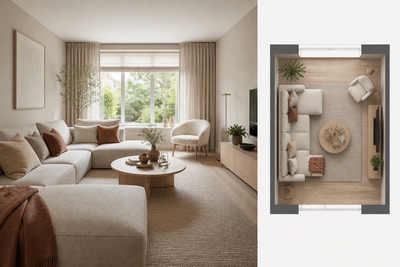 Vierkante woonkamer inrichten met plattegrond